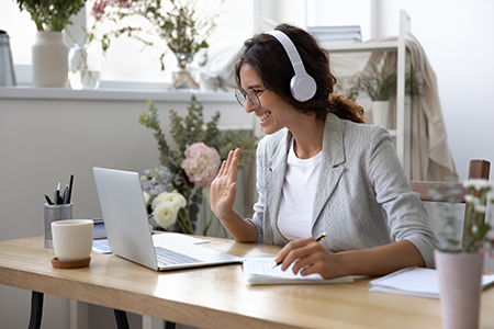 Smiling woman in headset have inline educational course